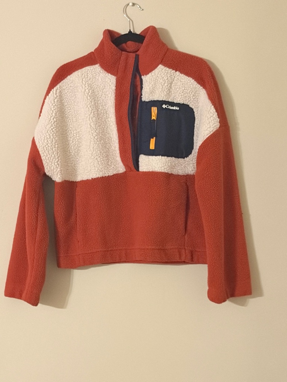 Columbia Rust and Cream Sherpa Pullover with Navy Pocket